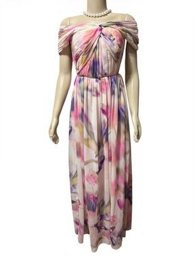 Alex Marie Sz 4 Janet Chiffon Gown Off Shoulder Floral Maxi Dress Pink Evening
